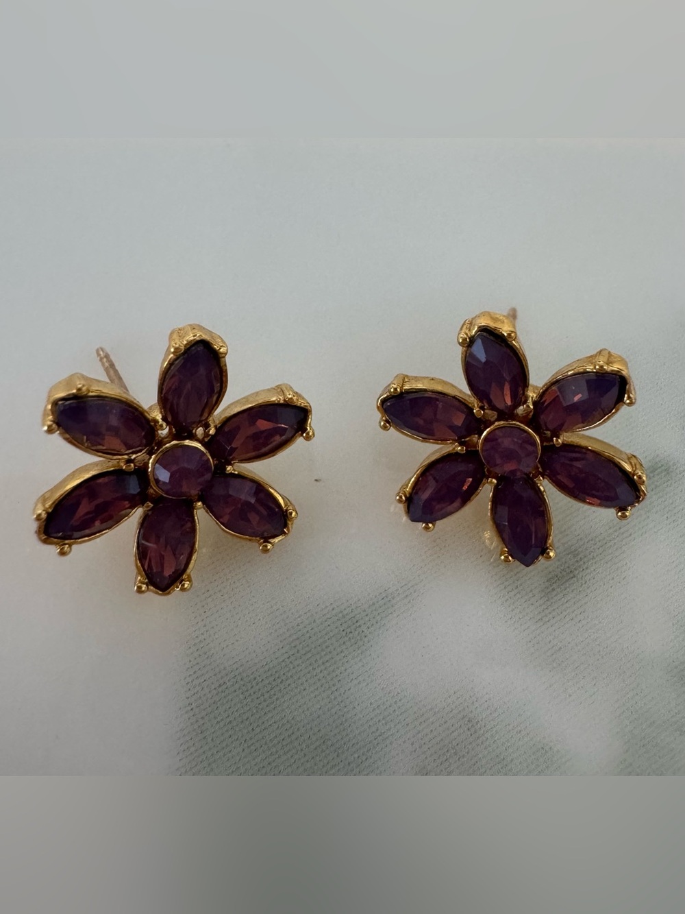 COACH Gold Tone Purple Marquise Crystal Flower Stud Earrings